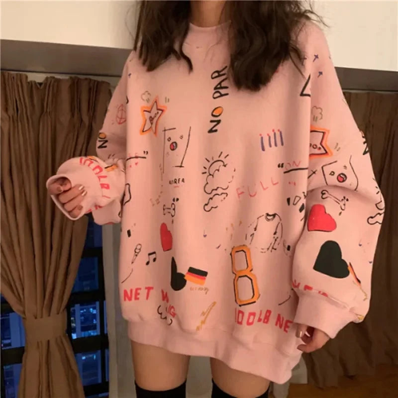 2026 Women Y2K Graffiti Print Loose Long Sleeve Hoodies Casual Streetwear Fashion Teen Pullover Sweatshirt Tops