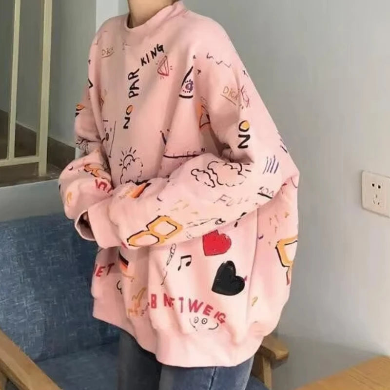2026 Women Y2K Graffiti Print Loose Long Sleeve Hoodies Casual Streetwear Fashion Teen Pullover Sweatshirt Tops