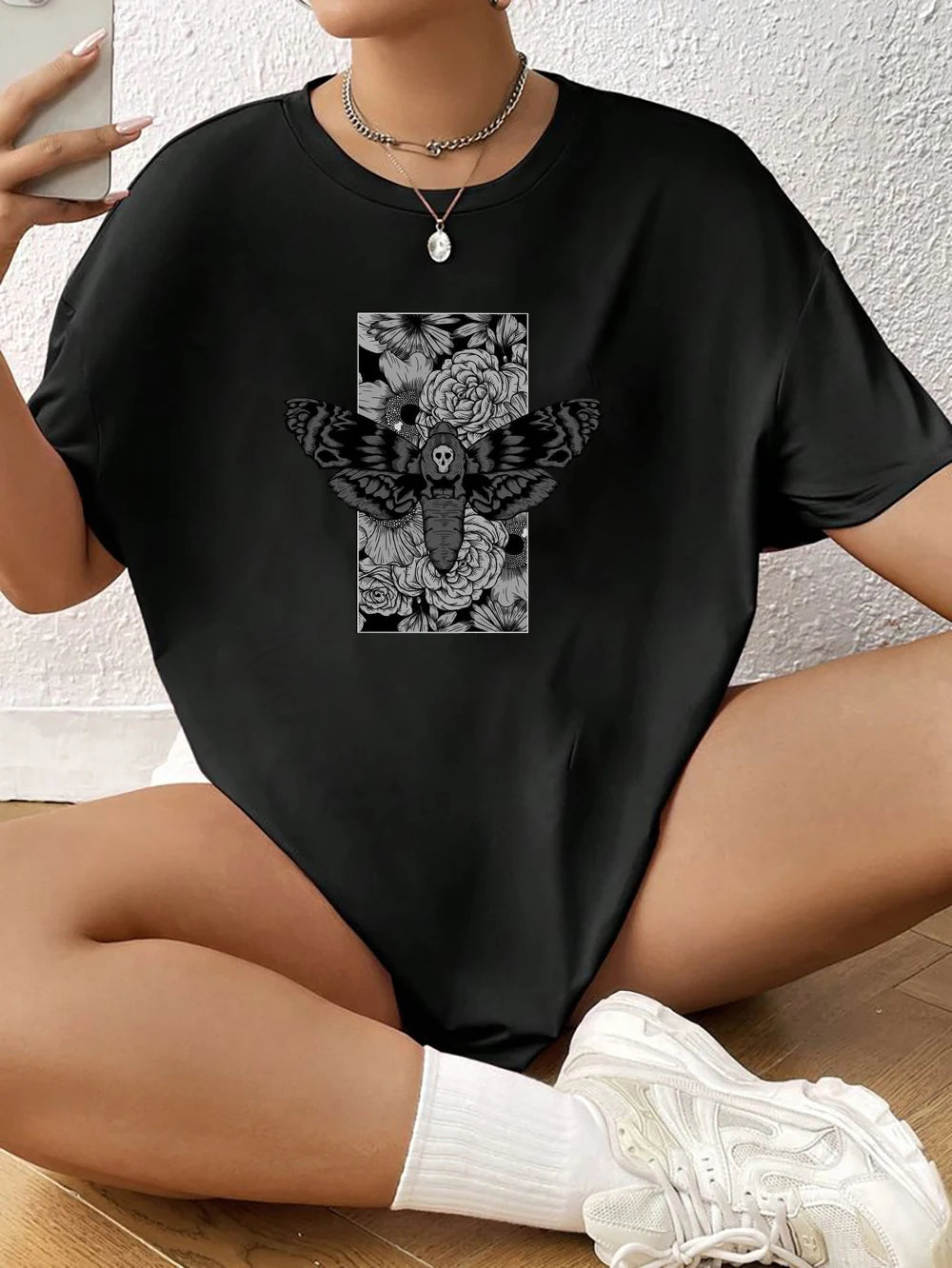 Death Moth Graphic Tee Sugar Skull Gothic Butterfly Rock Emo Goth Hip Hop Men Women T-Shirt Short Sleeves Clothing Wholesale