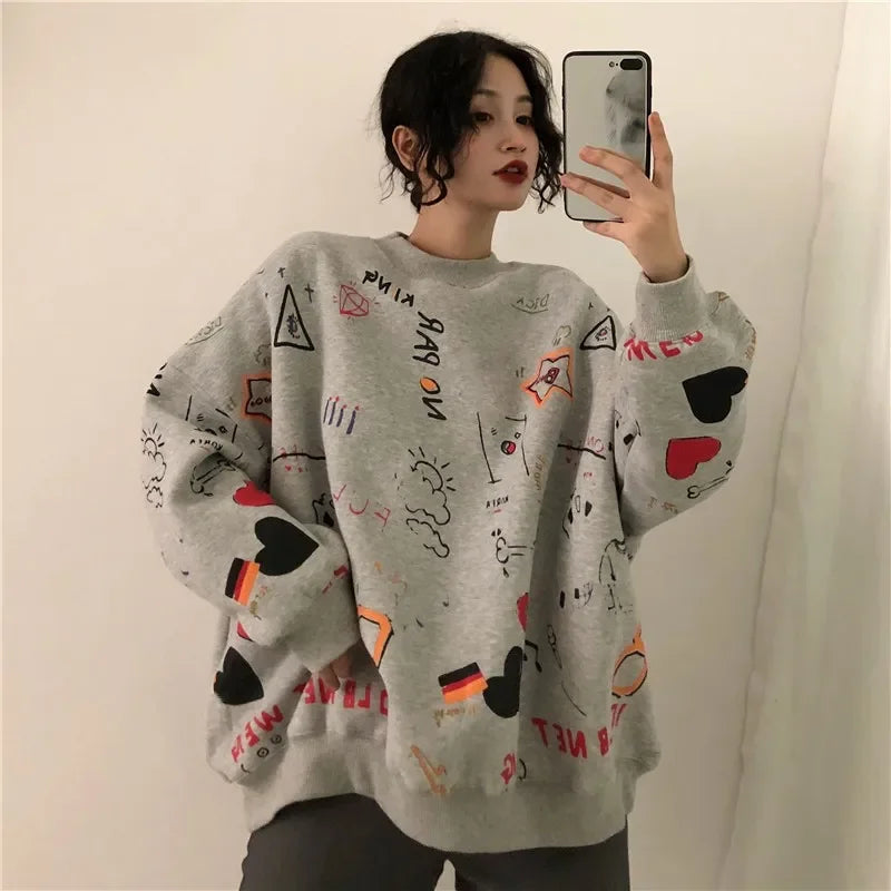 2026 Women Y2K Graffiti Print Loose Long Sleeve Hoodies Casual Streetwear Fashion Teen Pullover Sweatshirt Tops
