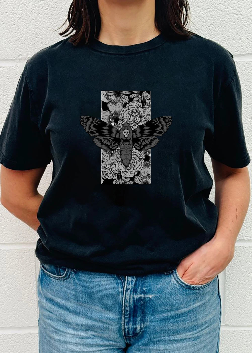 Death Moth Graphic Tee Sugar Skull Gothic Butterfly Rock Emo Goth Hip Hop Men Women T-Shirt Short Sleeves Clothing Wholesale